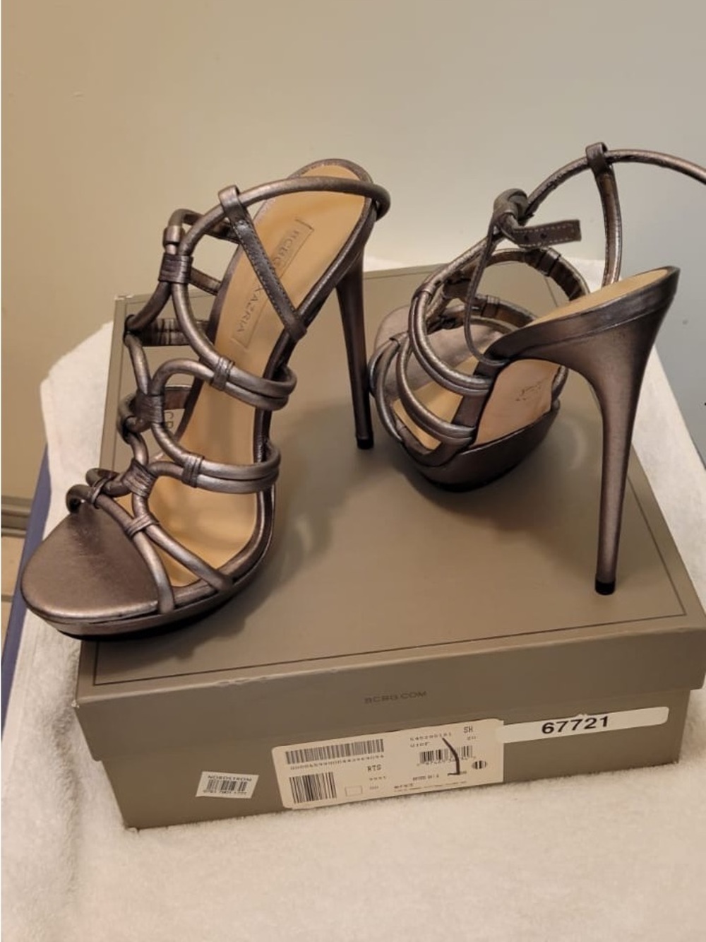 BCBG Metallic Charcoal Strappy High Heel Sandals